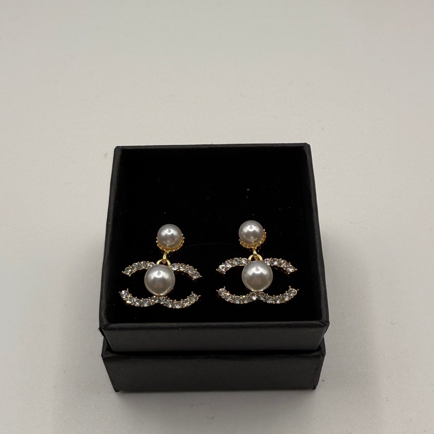 double pearl, clear crystal, gold plated CC earrings